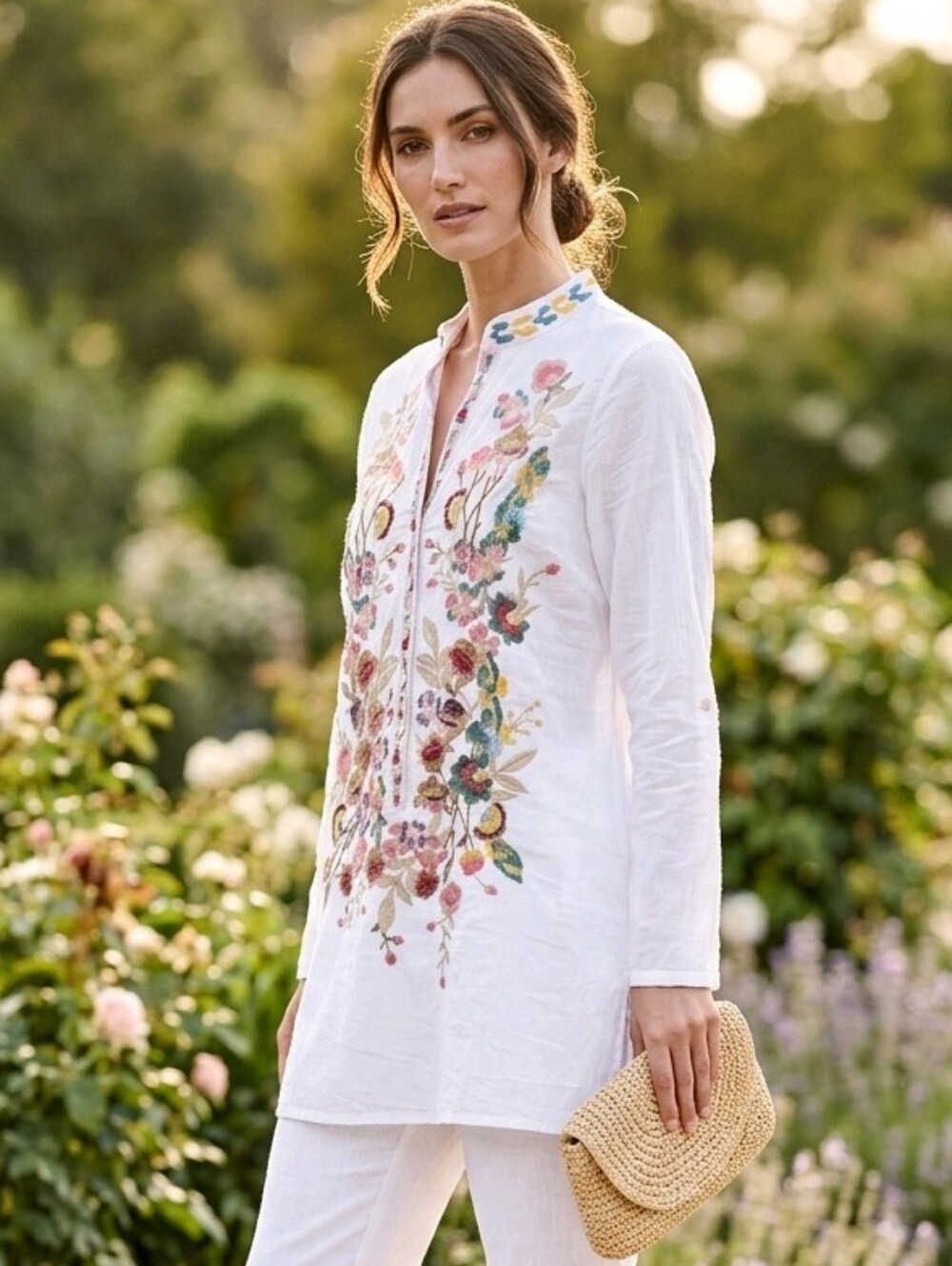 Dor Women's White Embroidered Tunic Top - Floral Detail M